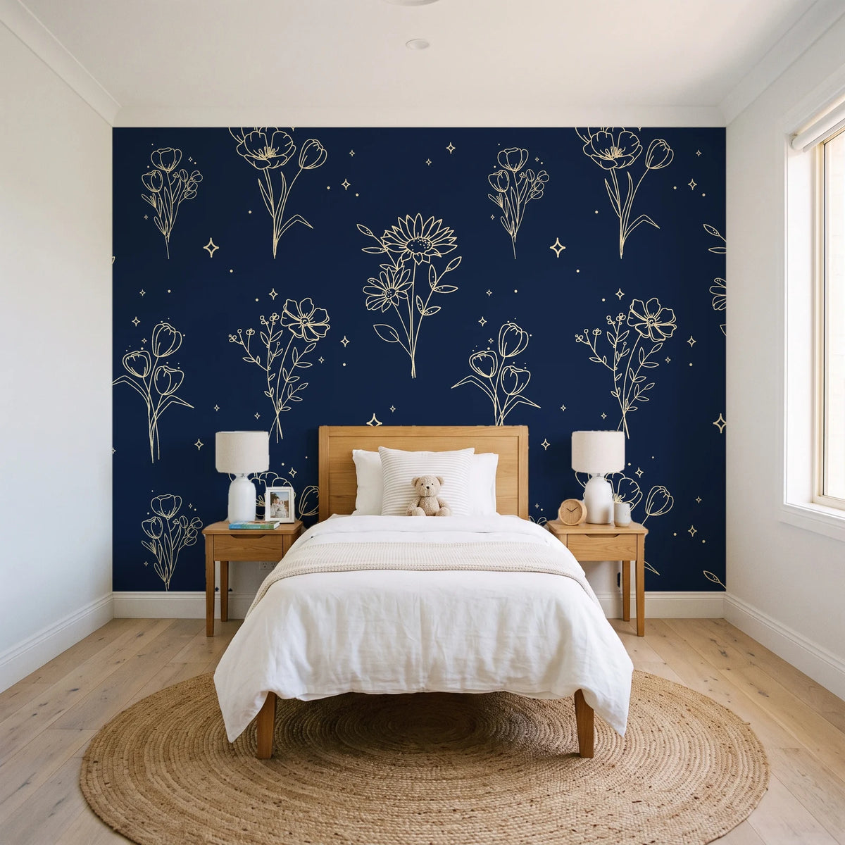 Star & Petal Midnight wildflower line art wallpaper in a bright, cheerful child's bedroom