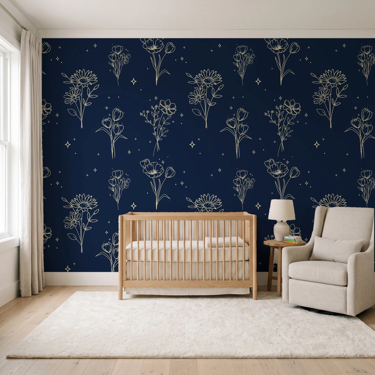 Star & Petal Midnight wildflower line art wallpaper in a calm, light-filled nursery