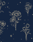 Star & Petal Midnight wildflower line art wallpaper in midnight blue and champagne