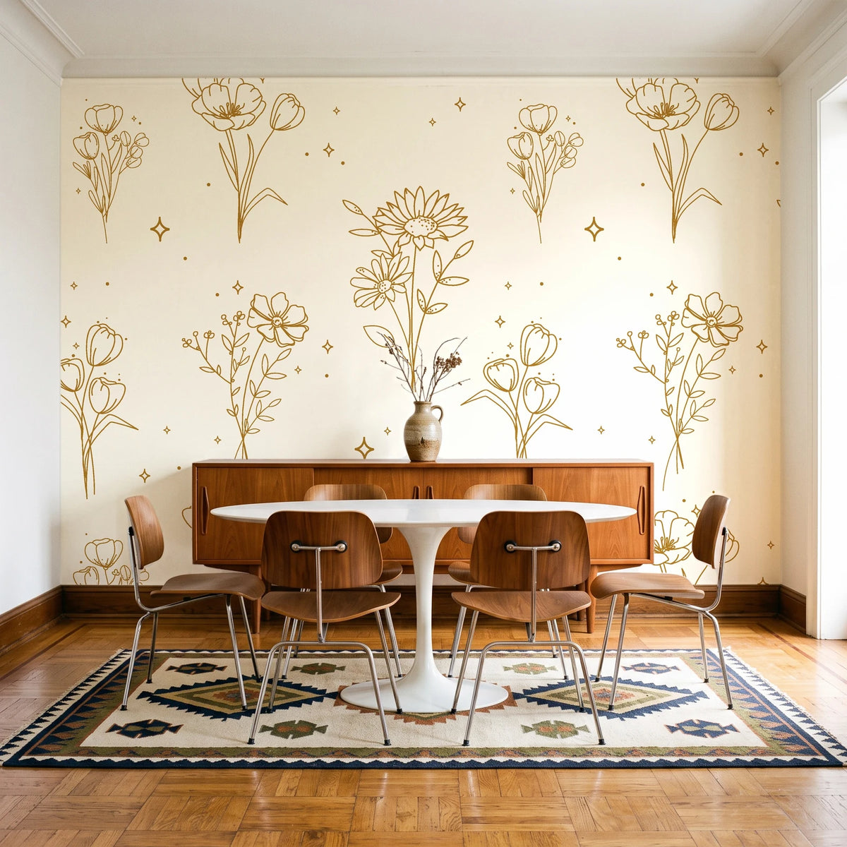 Star & Petal Ochre wildflower line art wallpaper in a mid-century dining room with a teak sideboard and tulip table