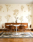 Star & Petal Ochre wildflower line art wallpaper in a mid-century dining room with a teak sideboard and tulip table