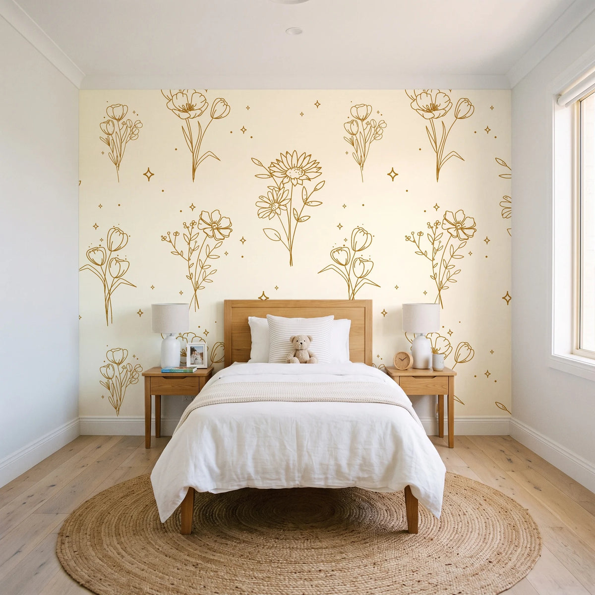 Star & Petal Ochre wildflower line art wallpaper in a bright, cheerful child's bedroom