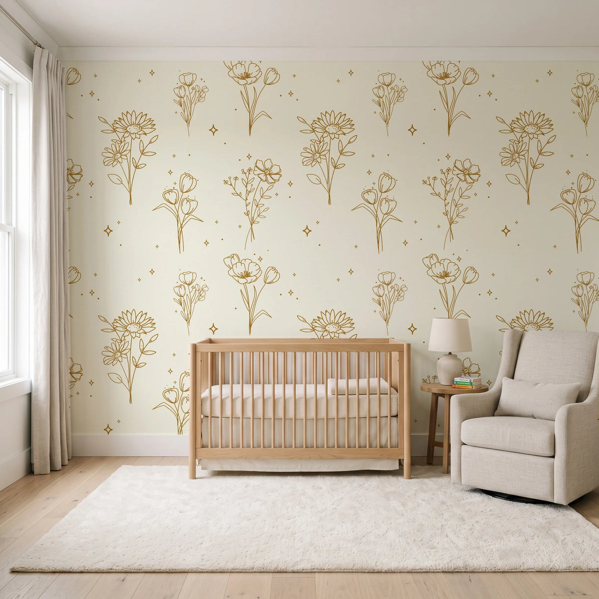 Star & Petal Ochre wildflower line art wallpaper in a calm, light-filled nursery