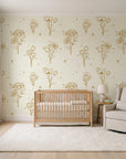 Star & Petal Ochre wildflower line art wallpaper in a calm, light-filled nursery