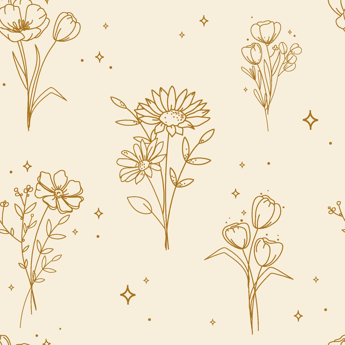 Star & Petal Ochre wildflower line art wallpaper in ochre and ivory