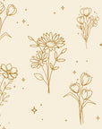Star & Petal Ochre wildflower line art wallpaper in ochre and ivory