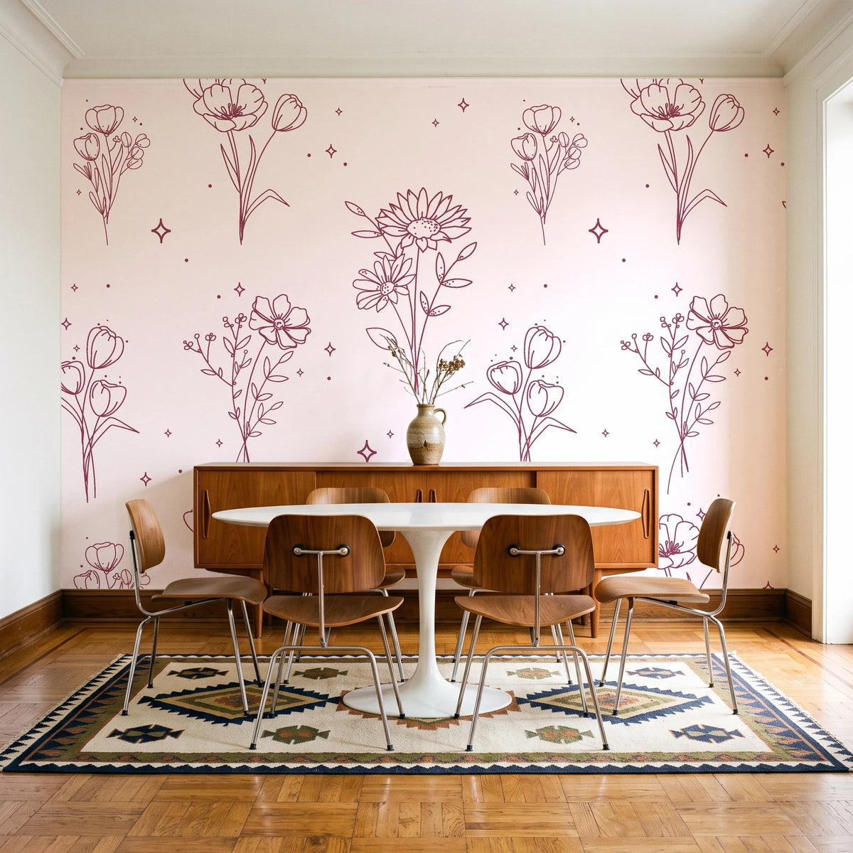 Star & Petal Rose wildflower line art wallpaper in a mid-century dining room with a teak sideboard and tulip table