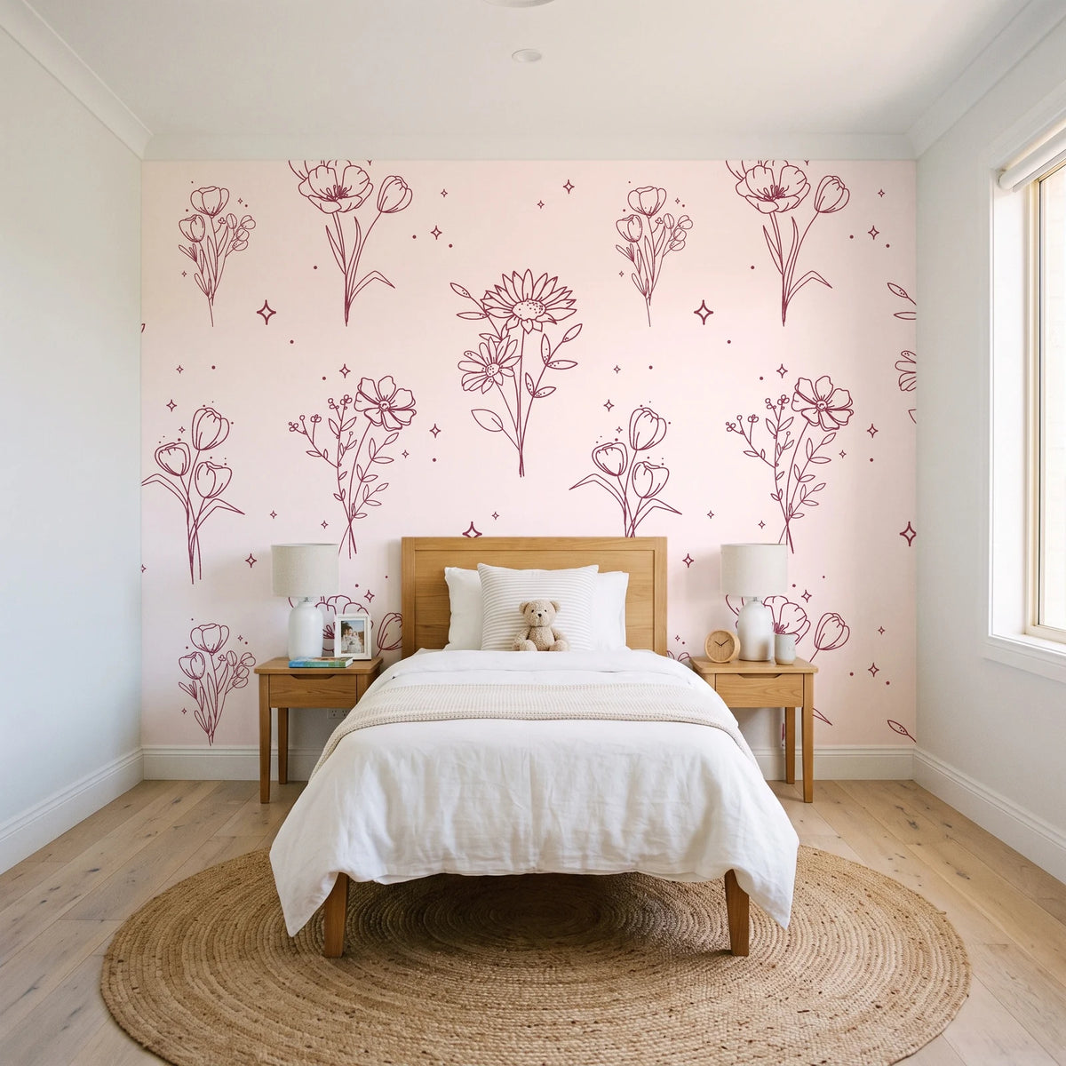 Star & Petal Rose wildflower line art wallpaper in a bright, cheerful child's bedroom