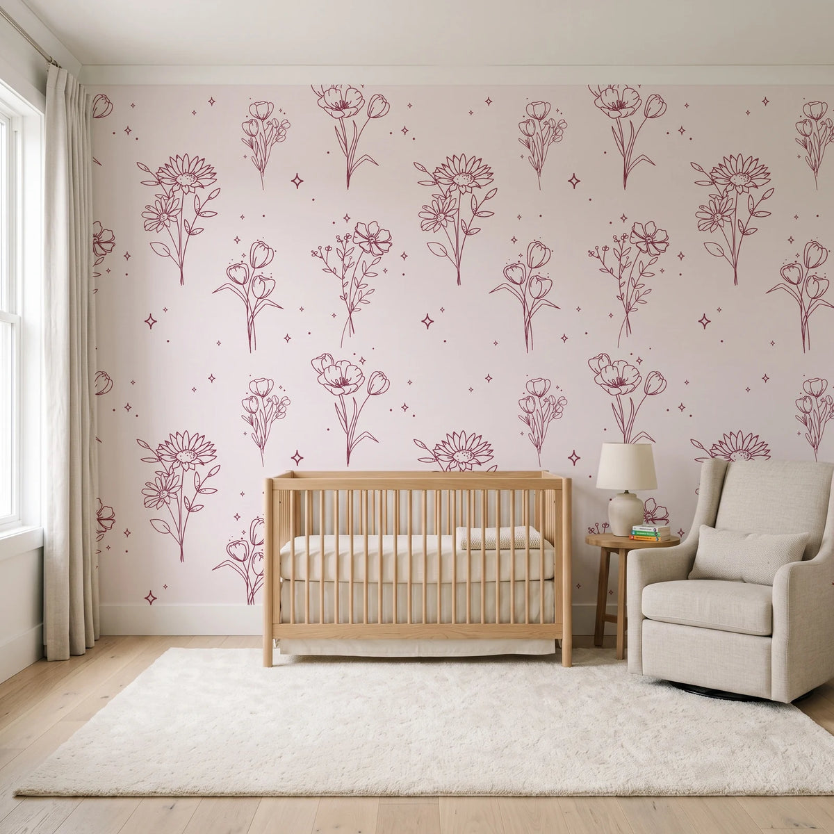 Star & Petal Rose wildflower line art wallpaper in a calm, light-filled nursery