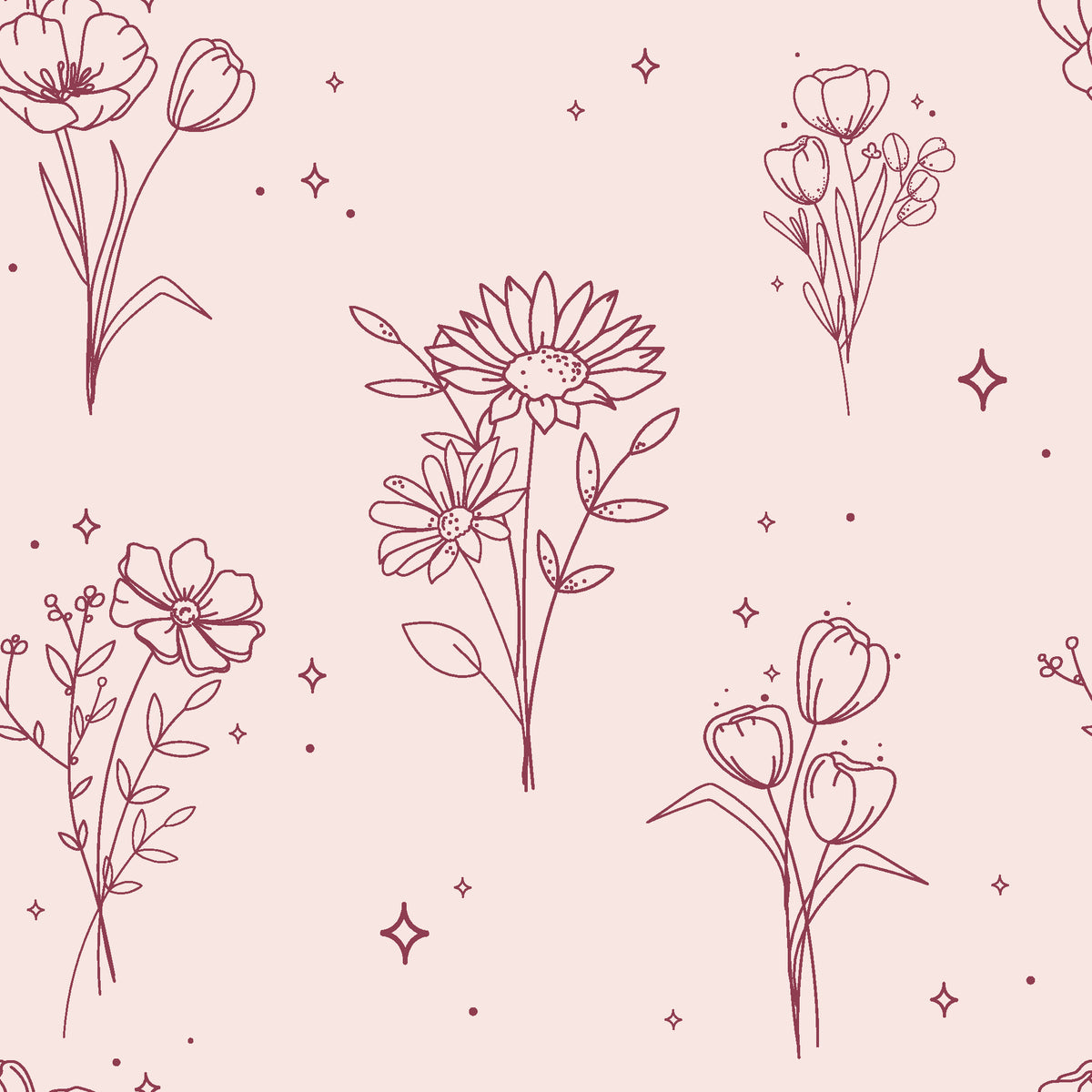 Star & Petal Rose wildflower line art wallpaper in rose and blush