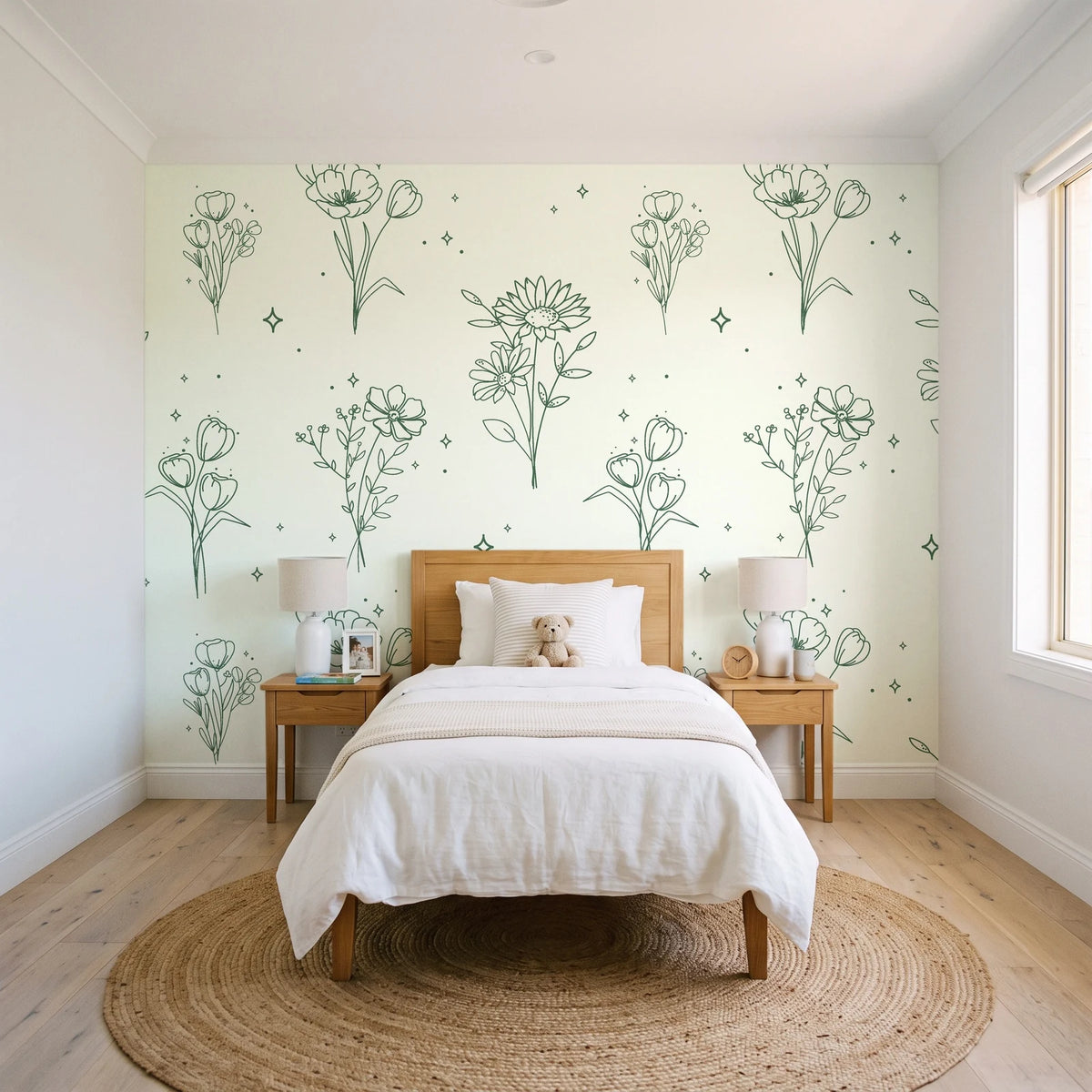 Star & Petal Sage wildflower line art wallpaper in a bright, cheerful child's bedroom