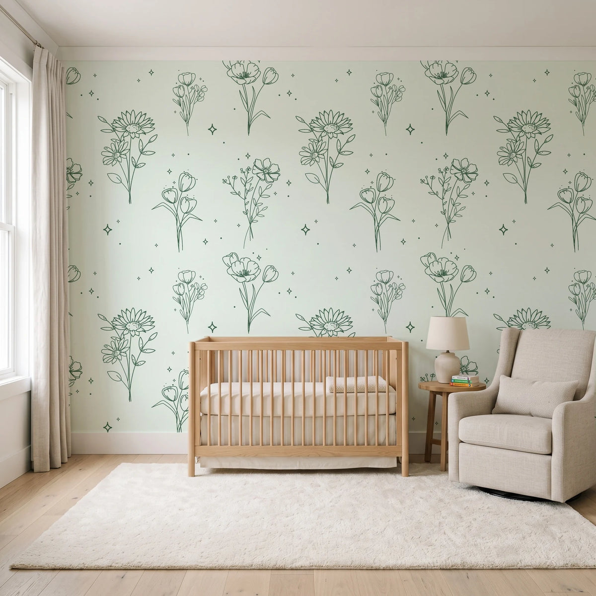 Star & Petal Sage wildflower line art wallpaper in a calm, light-filled nursery