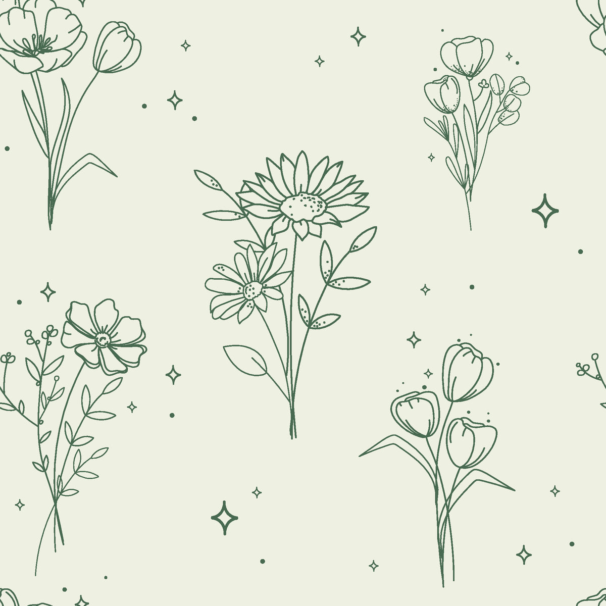 Star & Petal Sage wildflower line art wallpaper in sage and cream