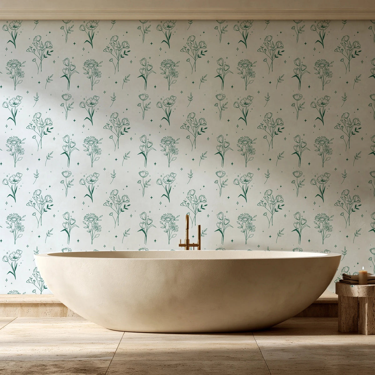 Stardust Field Emerald wildflower line art wallpaper creating ambiance in a serene spa bathroom