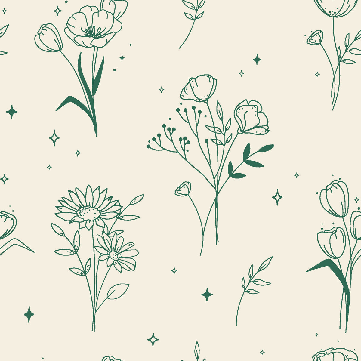 Stardust Field Emerald wildflower line art wallpaper in emerald and ivory