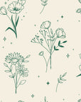Stardust Field Emerald wildflower line art wallpaper in emerald and ivory