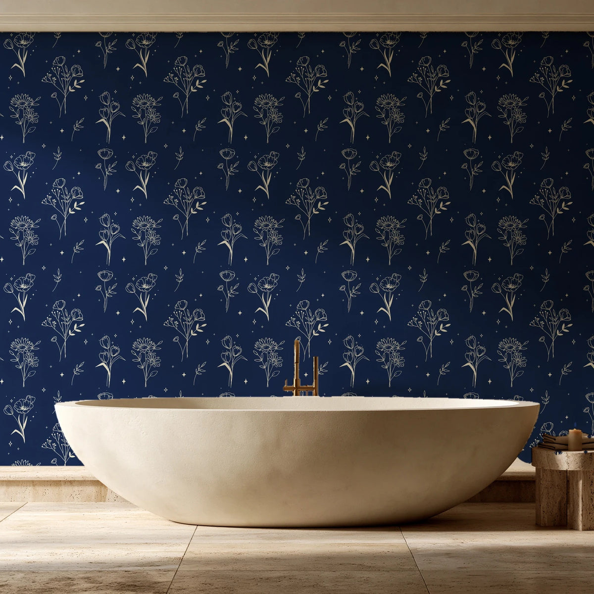 Stardust Field Midnight wildflower line art wallpaper creating ambiance in a serene spa bathroom