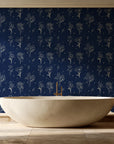 Stardust Field Midnight wildflower line art wallpaper creating ambiance in a serene spa bathroom