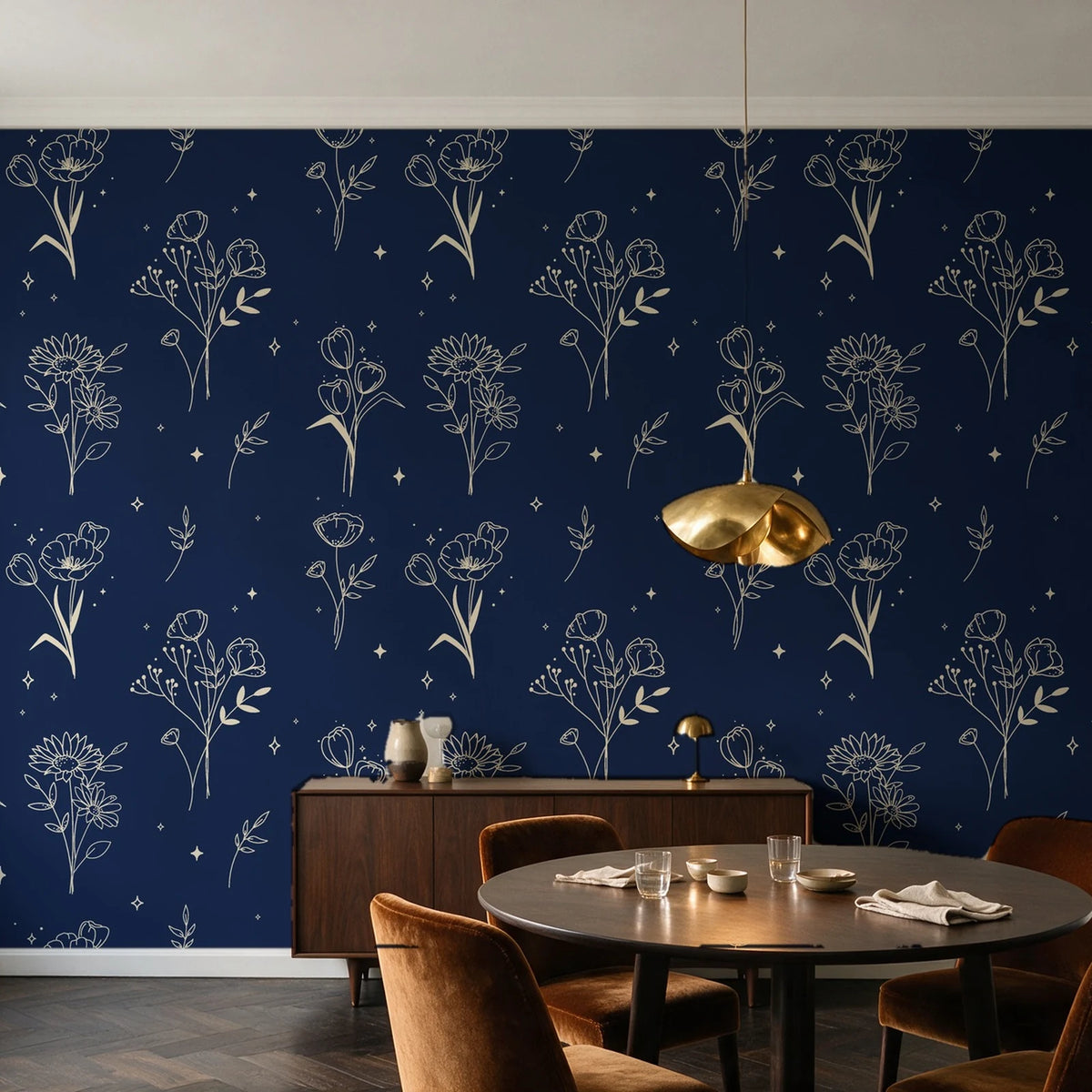 Stardust Field Midnight wildflower line art wallpaper in an elegant dining room
