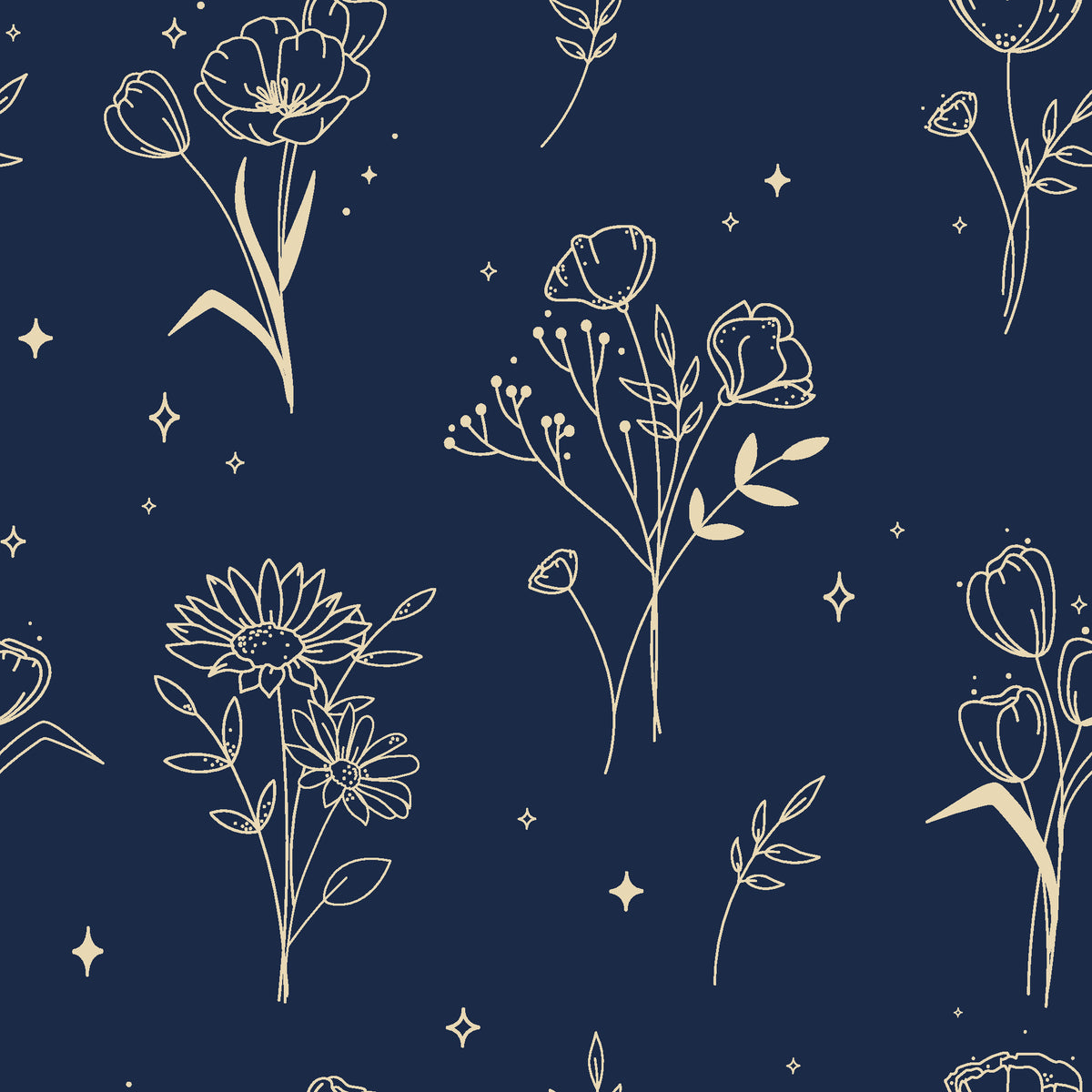 Stardust Field Midnight wildflower line art wallpaper in midnight and champagne