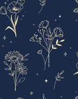 Stardust Field Midnight wildflower line art wallpaper in midnight and champagne