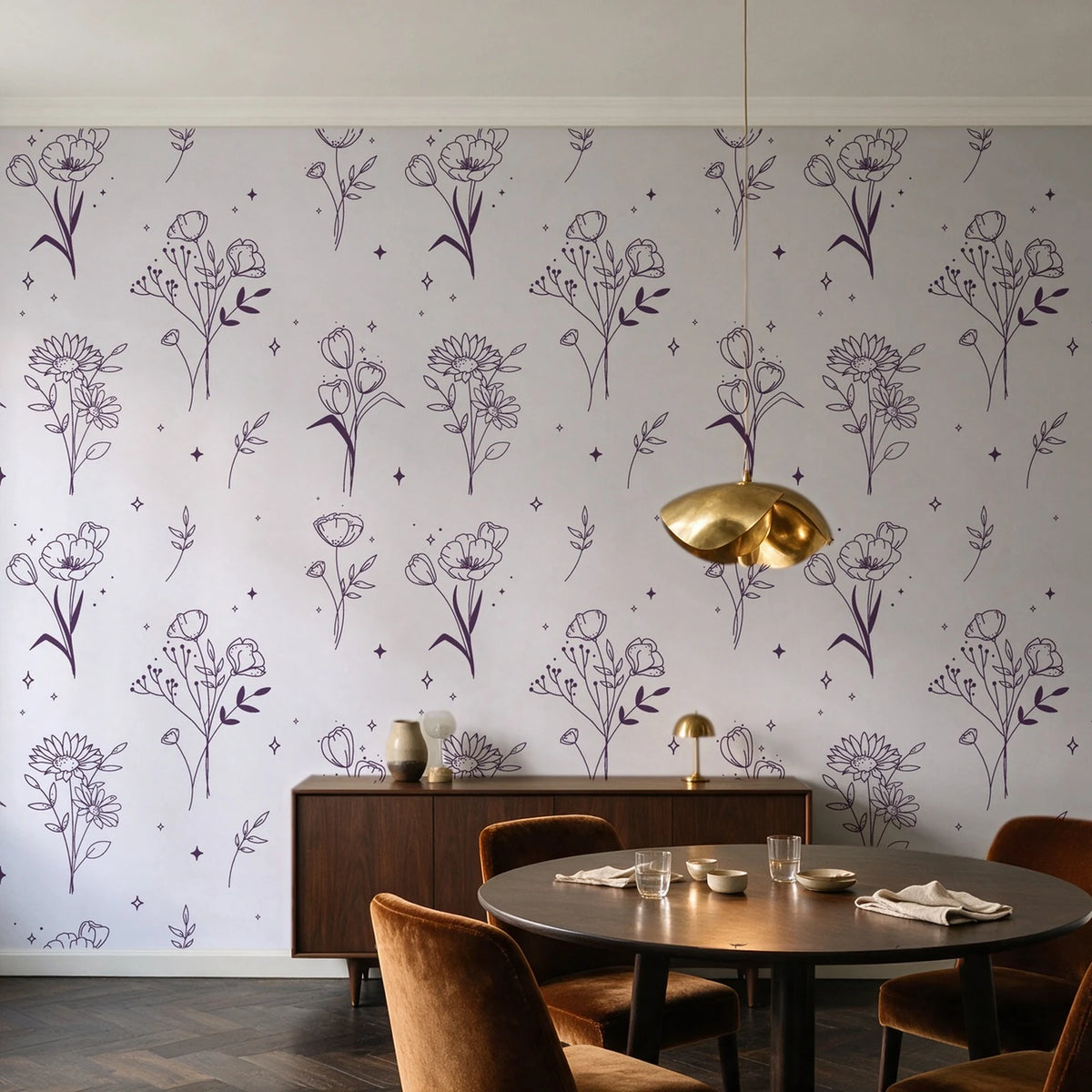 Stardust Field Plum wildflower line art wallpaper in an elegant dining room