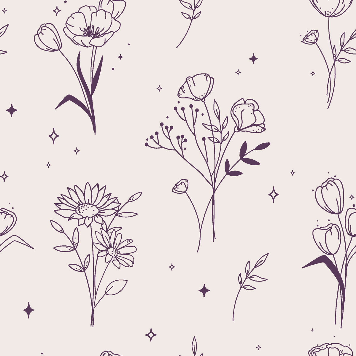 Stardust Field Plum wildflower line art wallpaper in plum and pearl