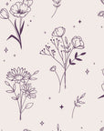 Stardust Field Plum wildflower line art wallpaper in plum and pearl