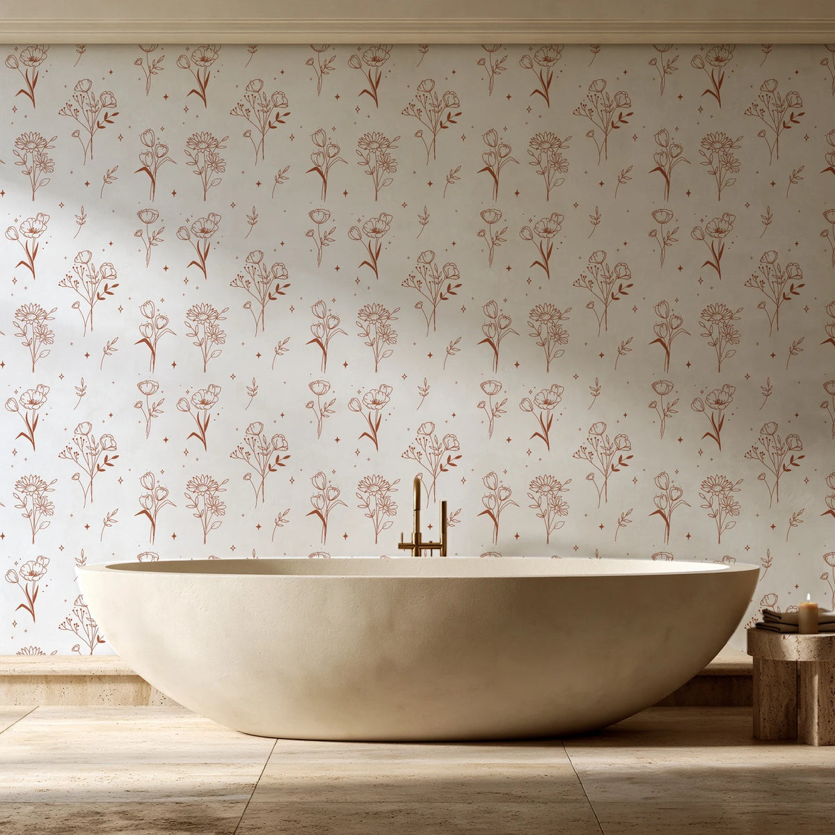 Stardust Field Terracotta wildflower line art wallpaper creating ambiance in a serene spa bathroom