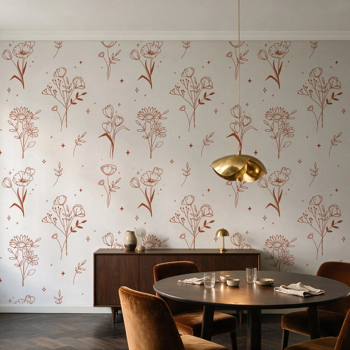 Stardust Field Terracotta wildflower line art wallpaper in an elegant dining room