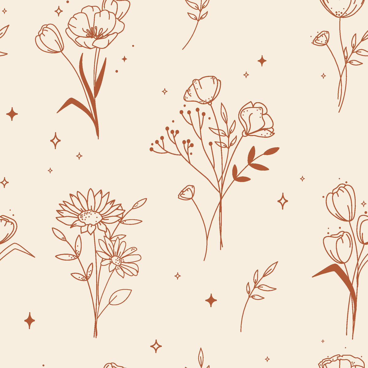 Stardust Field Terracotta wildflower line art wallpaper in terracotta and cream
