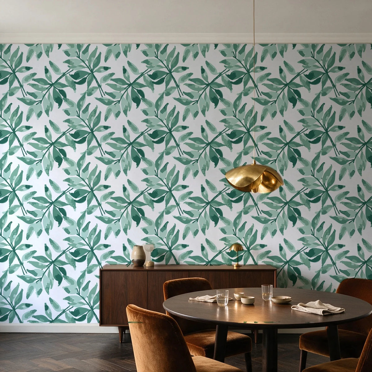 Starfall Emerald watercolor leaf wallpaper in an elegant dining room