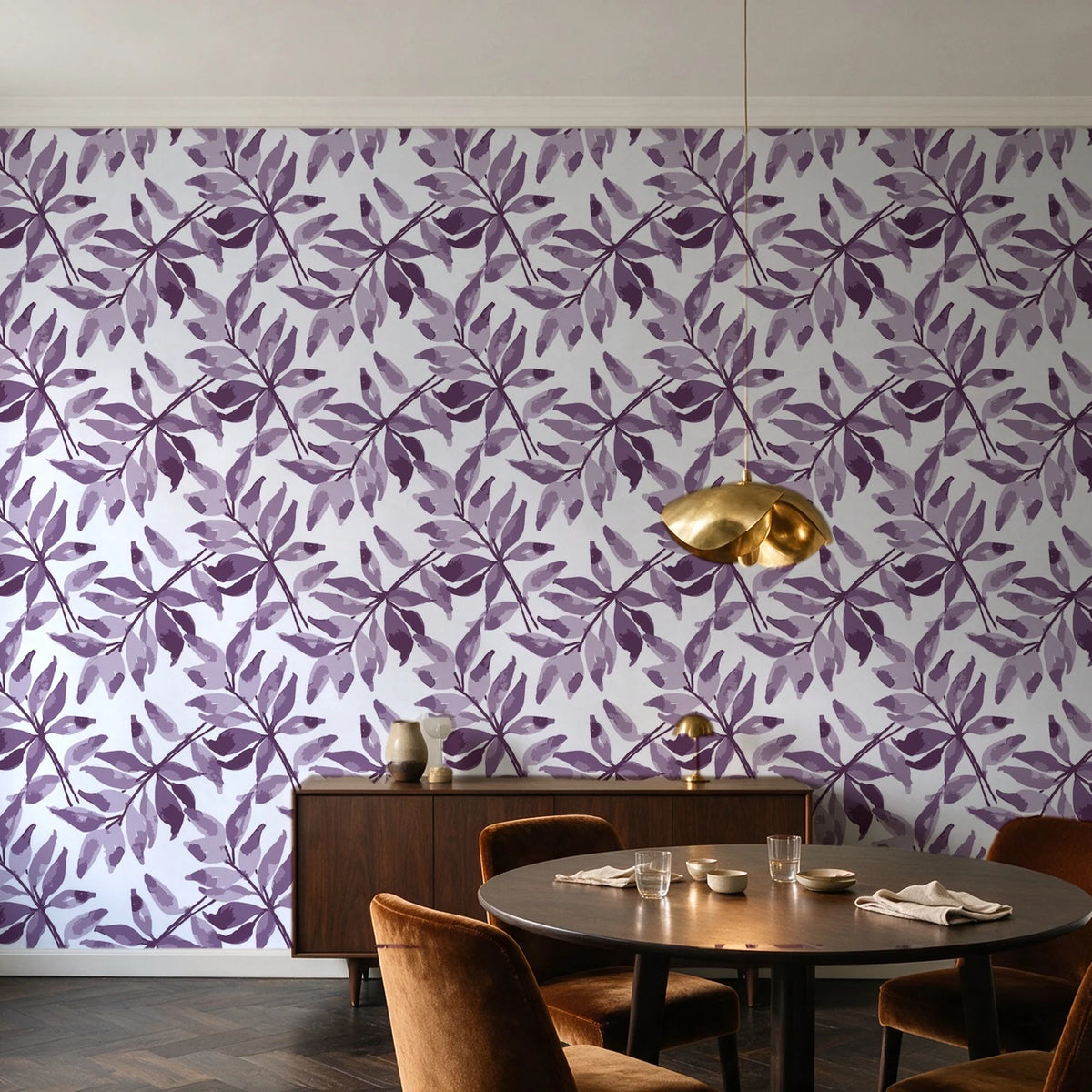 Starfall Plum watercolor leaf wallpaper in an elegant dining room