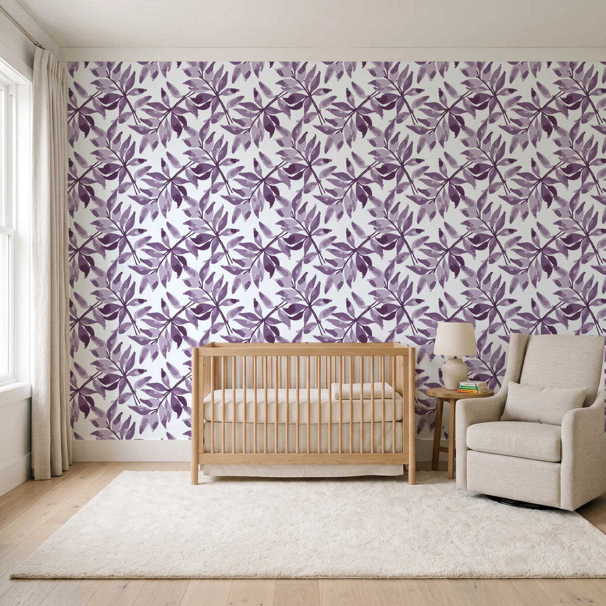 Starfall Plum watercolor leaf wallpaper in a calm, light-filled nursery