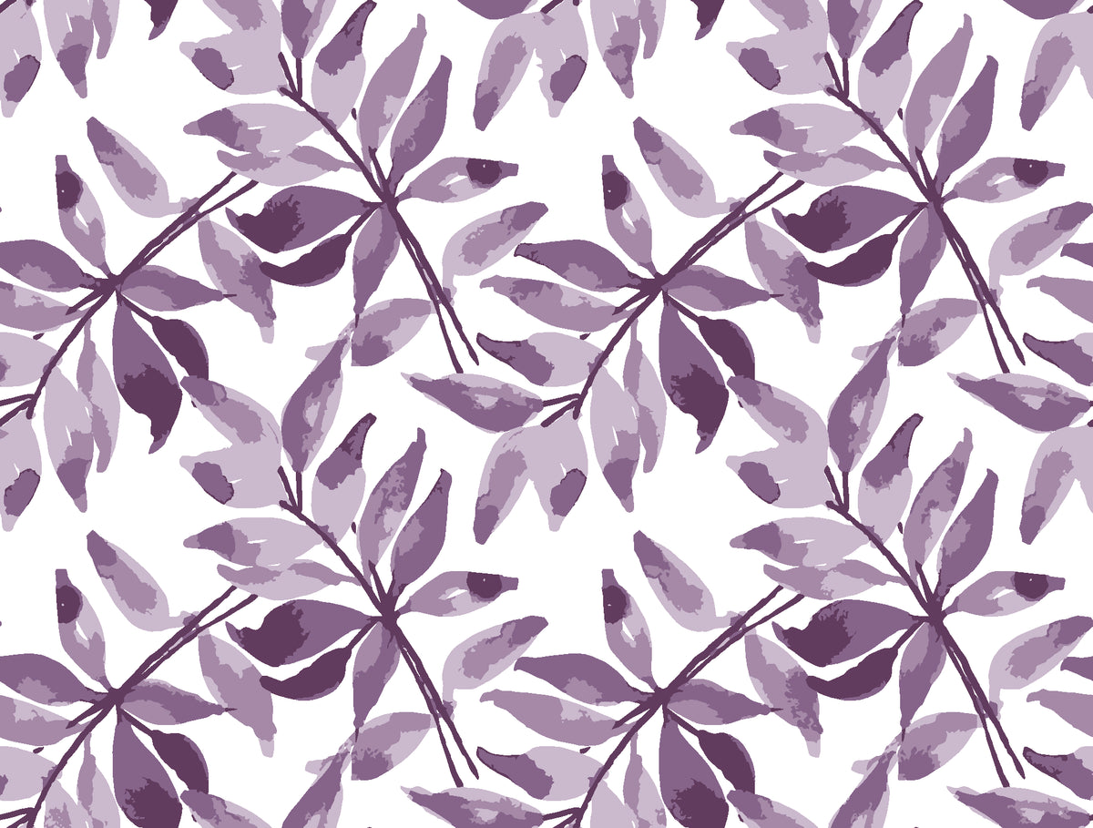 Starfall Plum watercolor leaf wallpaper in plum and lilac
