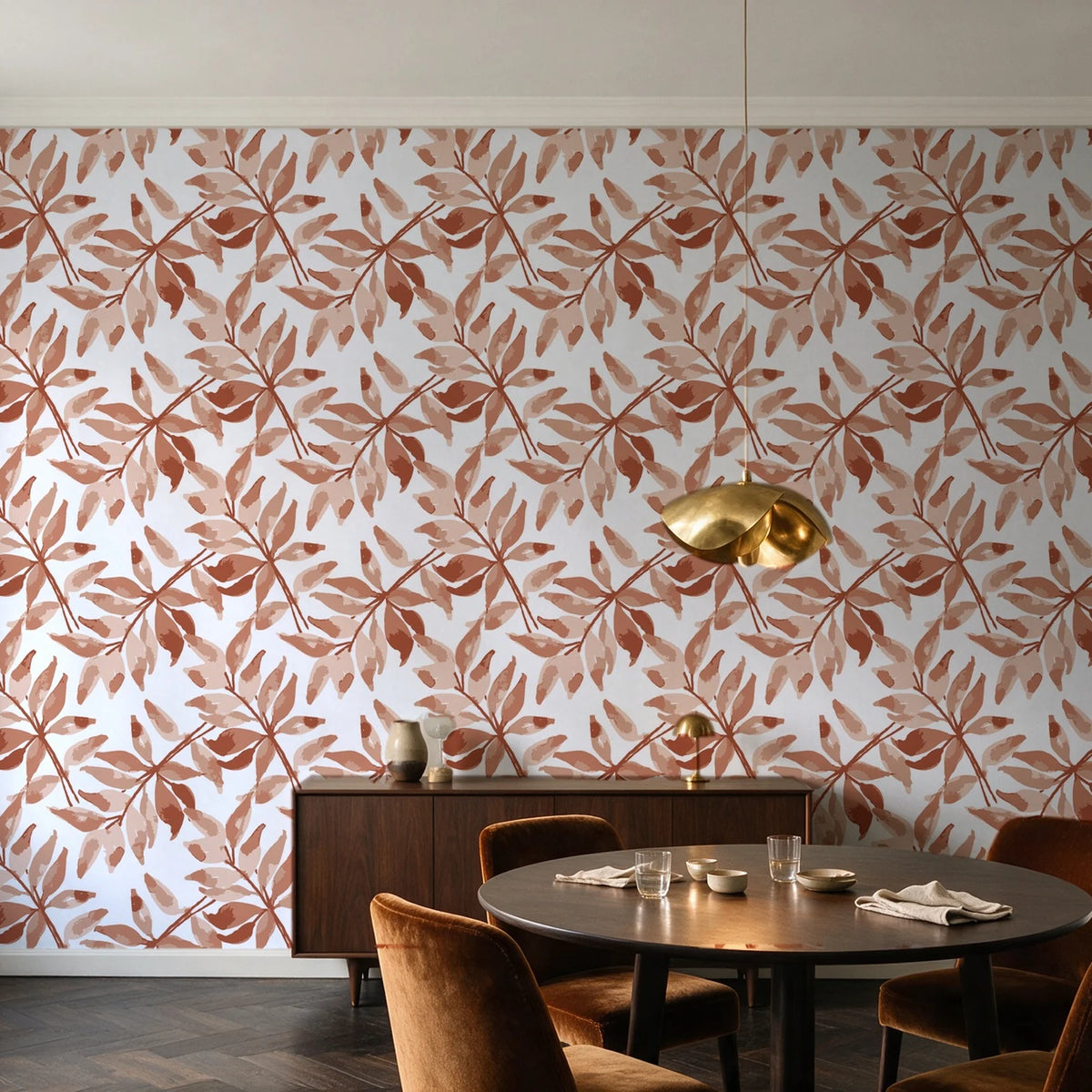 Starfall Terracotta watercolor leaf wallpaper in an elegant dining room
