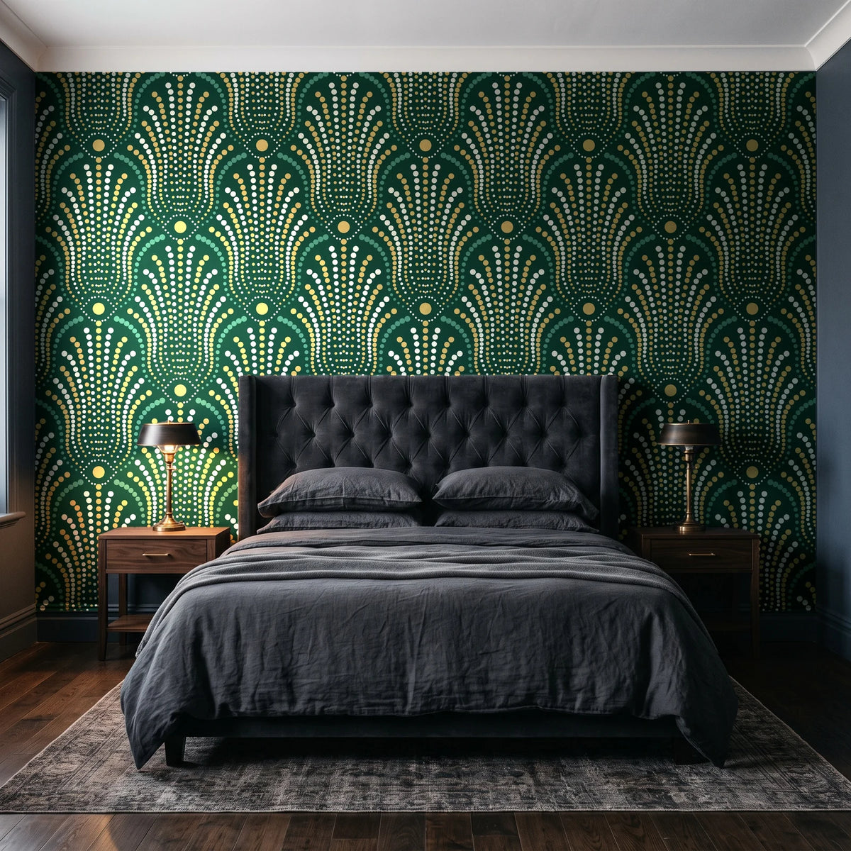 Starlit Swirl Emerald dotted art deco fan wallpaper behind a tufted headboard in a dark, moody bedroom