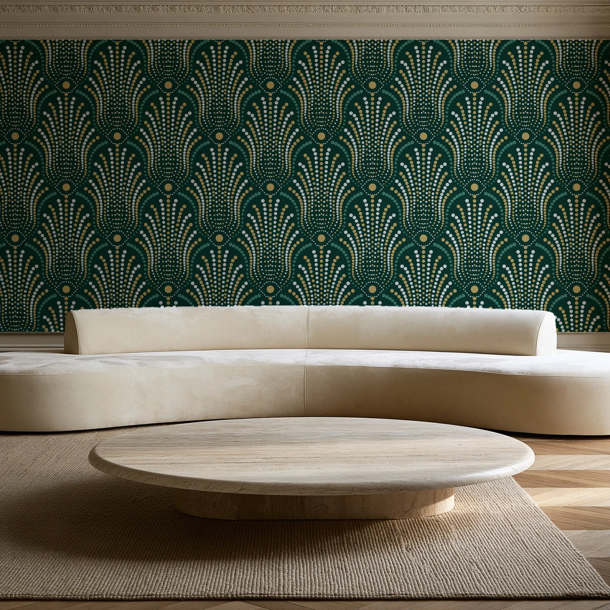 Starlit Swirl Emerald dotted art deco fan wallpaper in an elegant living room