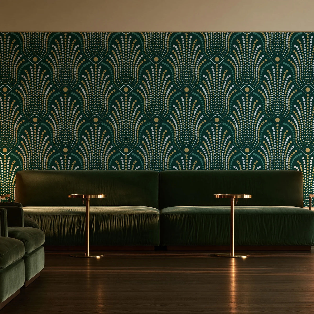 Starlit Swirl Emerald dotted art deco fan wallpaper in an intimate luxury cocktail lounge