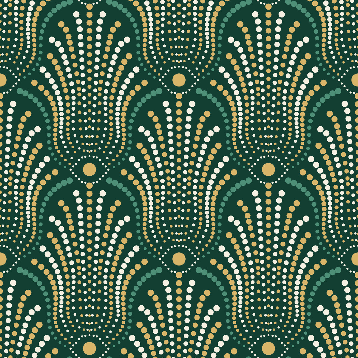 Starlit Swirl Emerald dotted art deco fan wallpaper in emerald and gold