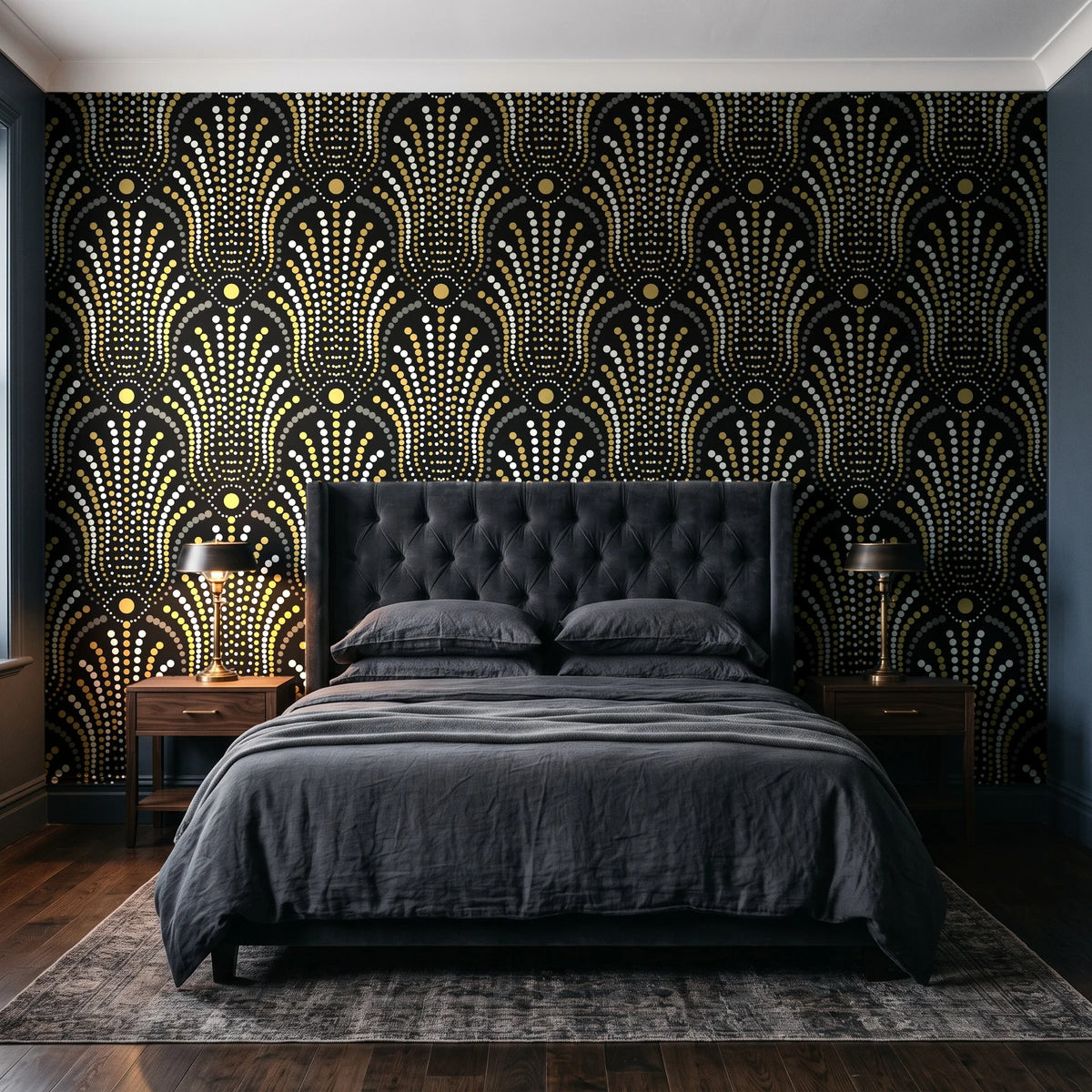 Starlit Swirl Onyx dotted art deco fan wallpaper behind a tufted headboard in a dark, moody bedroom