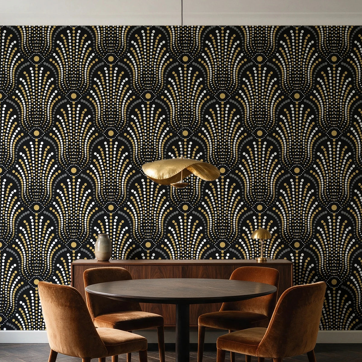 Starlit Swirl Onyx dotted art deco fan wallpaper behind a walnut credenza and round table in an elegant dining room