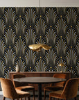Starlit Swirl Onyx dotted art deco fan wallpaper behind a walnut credenza and round table in an elegant dining room