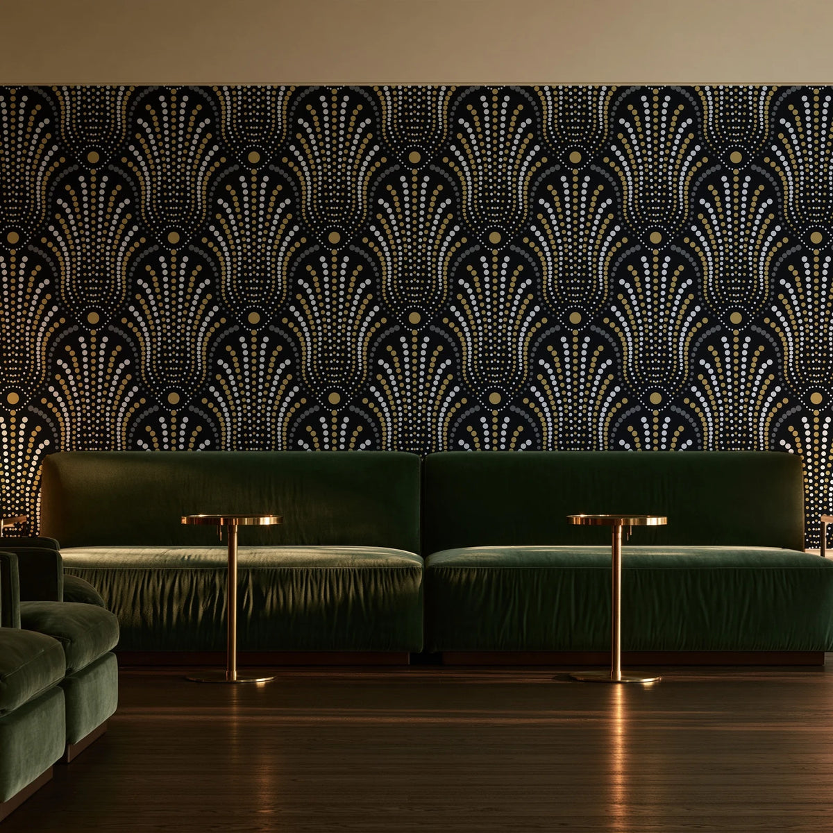 Starlit Swirl Onyx dotted art deco fan wallpaper in an intimate luxury cocktail lounge