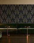 Starlit Swirl Onyx dotted art deco fan wallpaper in an intimate luxury cocktail lounge