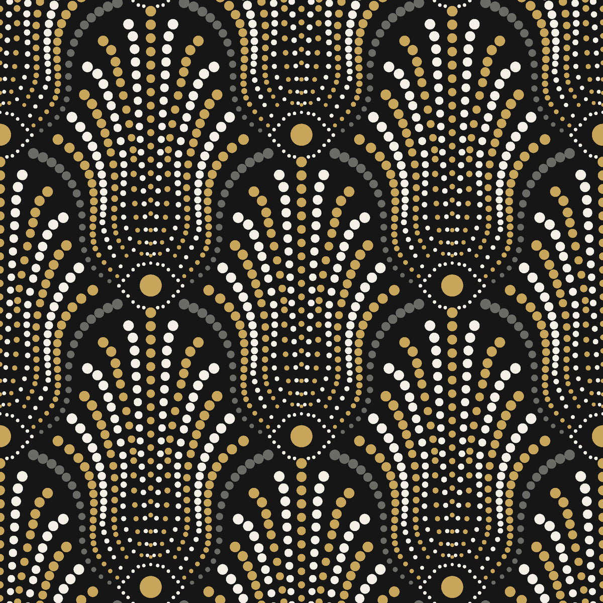 Starlit Swirl Onyx dotted art deco fan wallpaper in black and brass