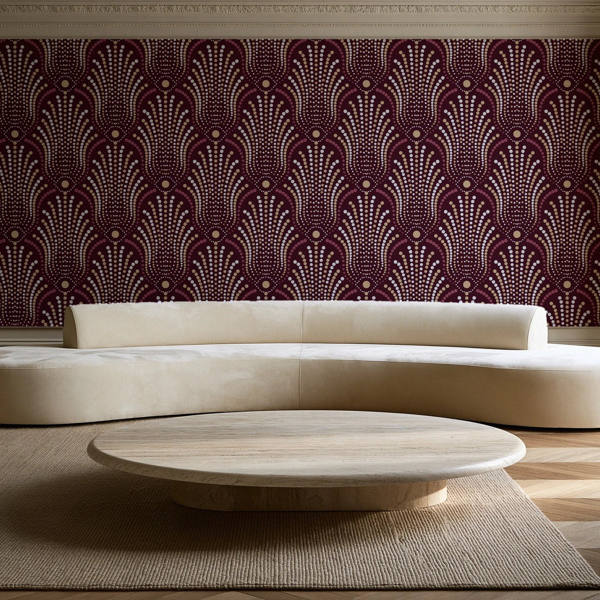 Starlit Swirl Oxblood dotted art deco fan wallpaper in an elegant living room