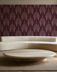 Starlit Swirl Oxblood dotted art deco fan wallpaper in an elegant living room