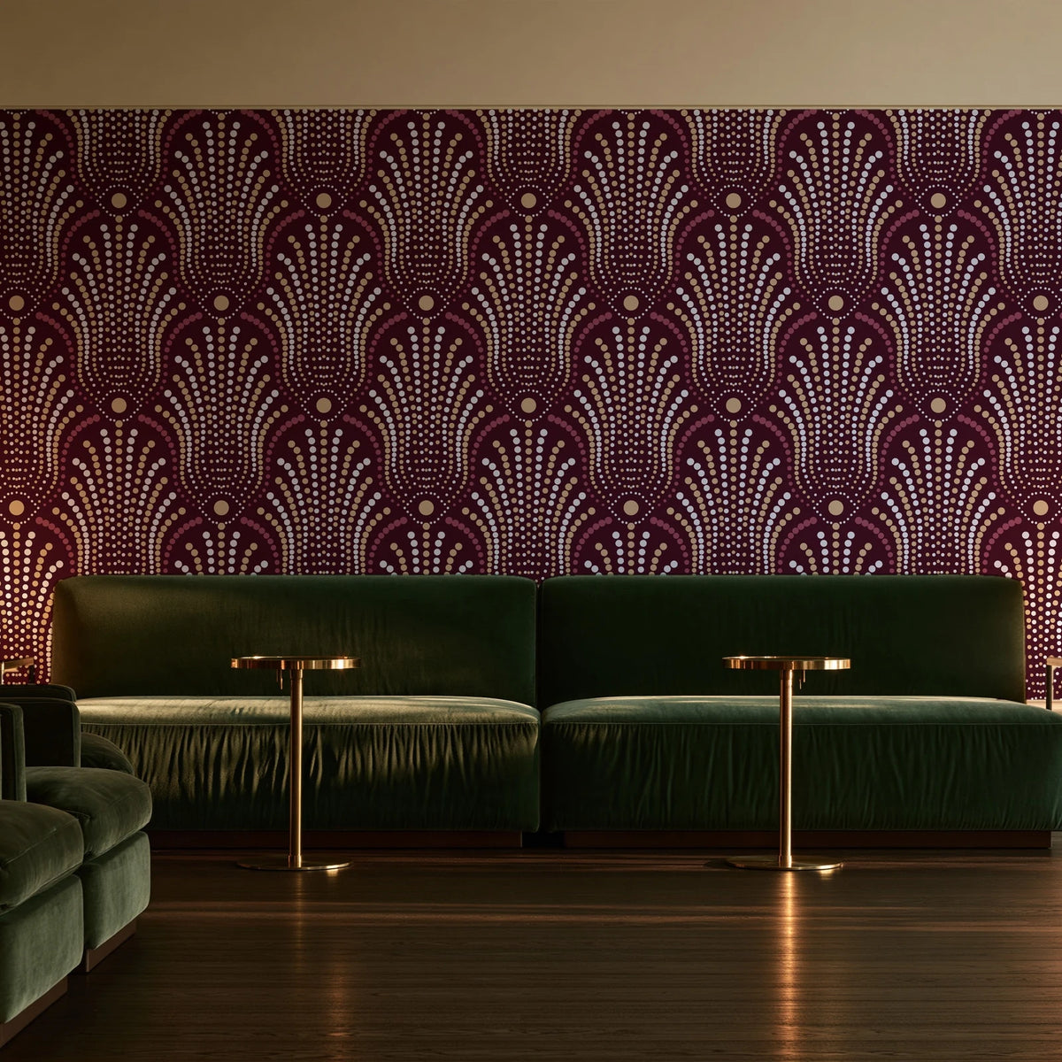 Starlit Swirl Oxblood dotted art deco fan wallpaper in an intimate luxury cocktail lounge