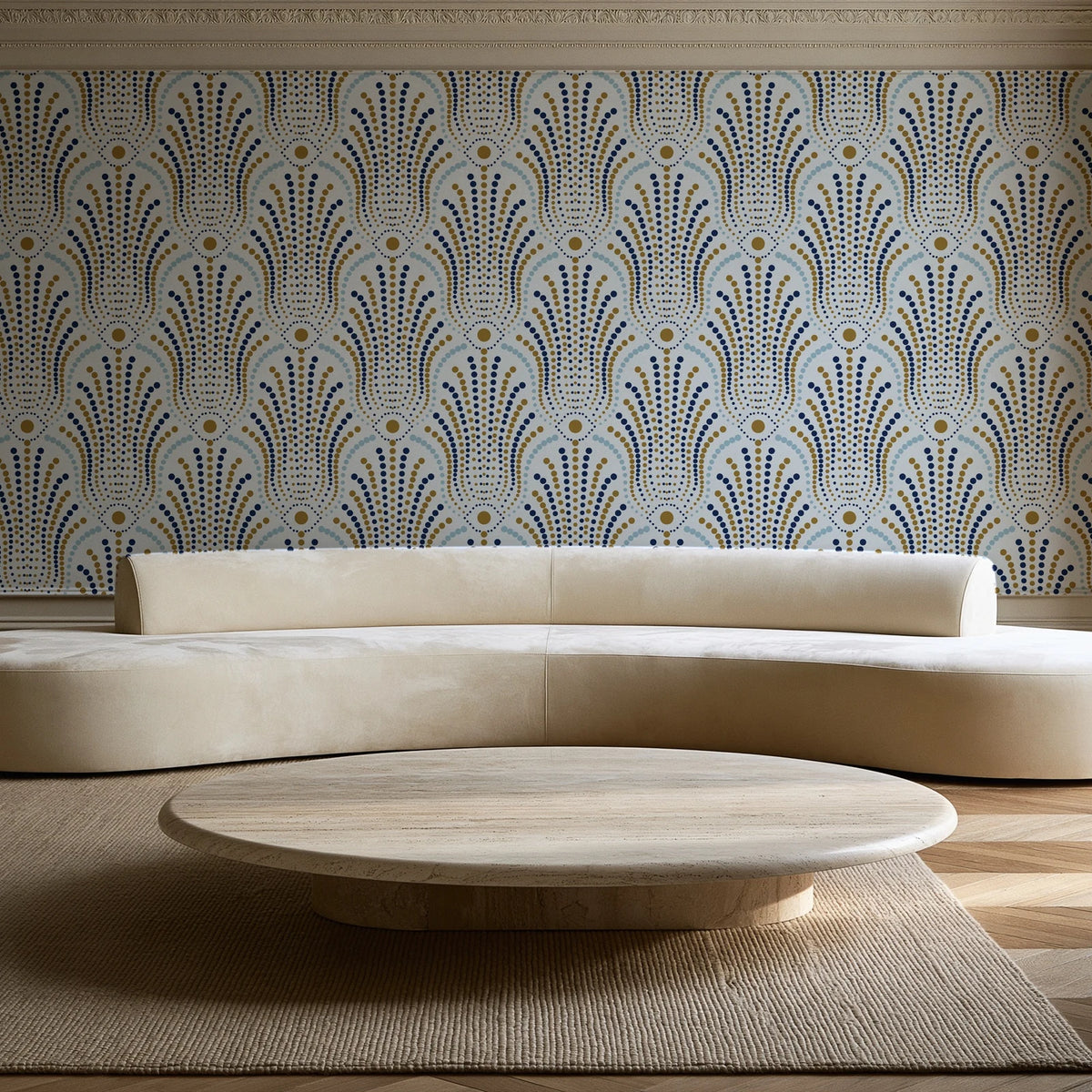 Starlit Swirl Pearl dotted art deco fan wallpaper in an elegant living room